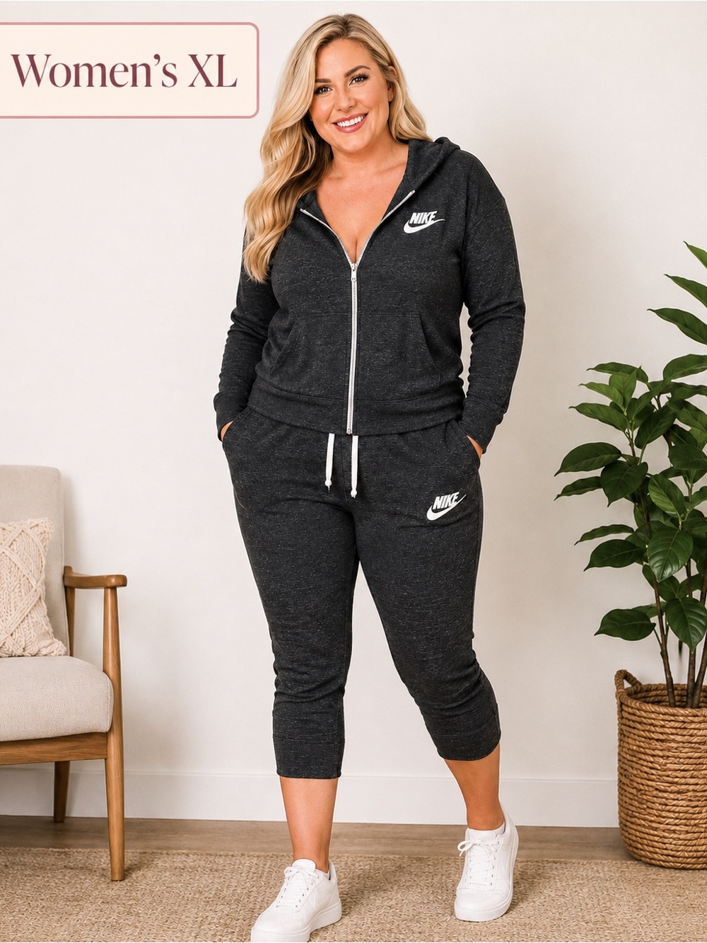 Nike Women's XL Charcoal Zip Hoodie and Capri Joggers Set